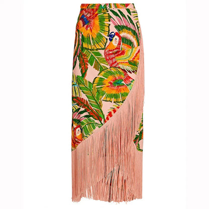 Vintage One-shoulder Swimsuits Sexy Print Two-piece Bikini and Fringe Skirt Women Swimwear - Shello's Creative Boutique