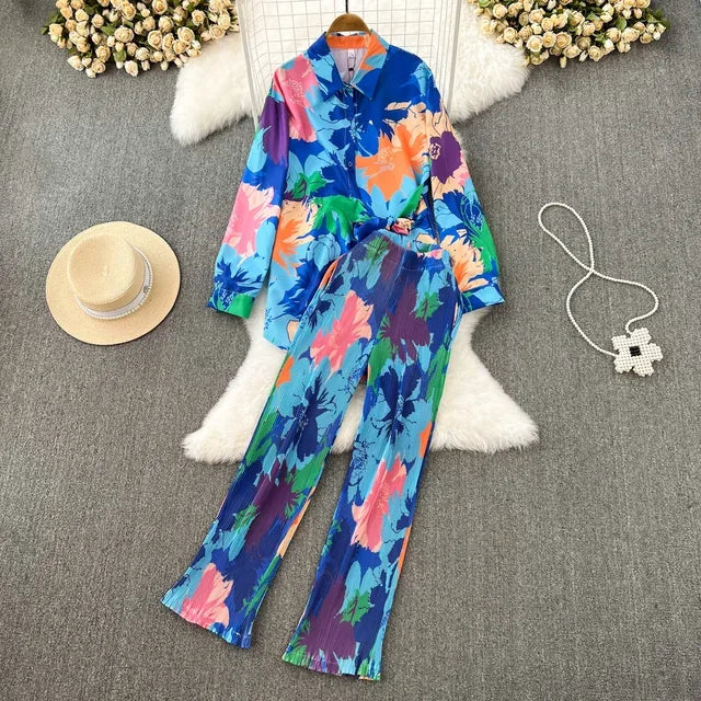 Spring Women Sleepwear Casual Loose Tie-dyed Trousers Suit Long Sleeve Shirts Blouses Wide Leg Pant Female Pajamas 2 Pieces - Shello's Creative Boutique