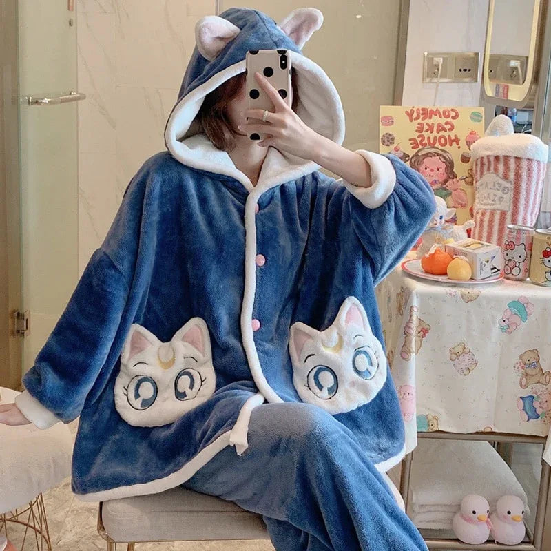 Winter Pajamas Women Sleepwear Plus Size XXXL Flannel Pyjamas Fashion Home Wear Cartoon Hooded Nightgown Coral Velvet Cardigan - Shello's Creative Boutique