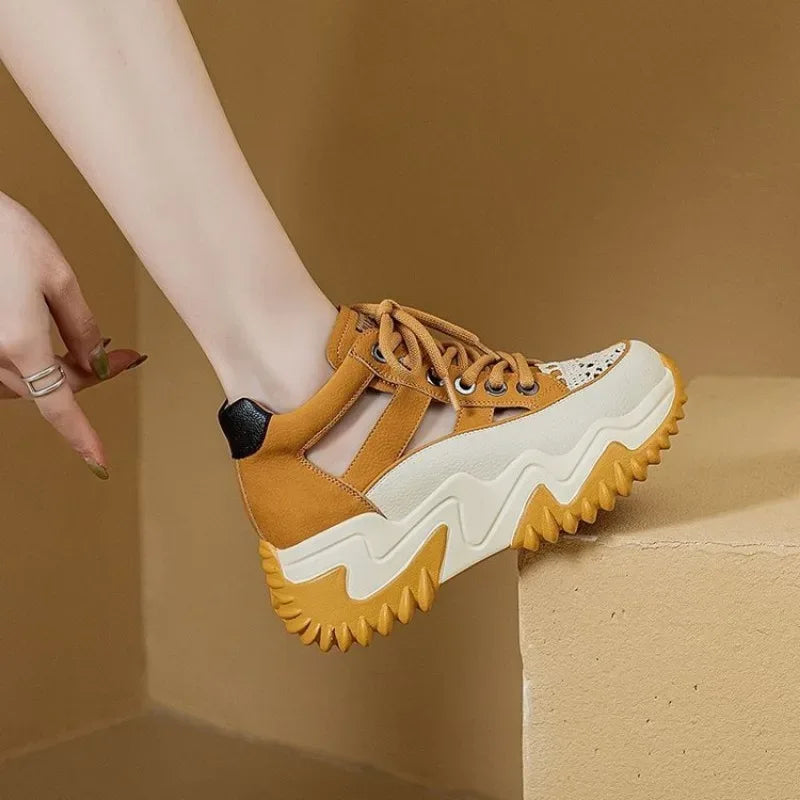 Thick Bottom Height Increase Shoes Female Summer New Lace-up Fashion Sneakers Hollow Out Breathable Sports Womens Shoes - Shello's Creative Boutique