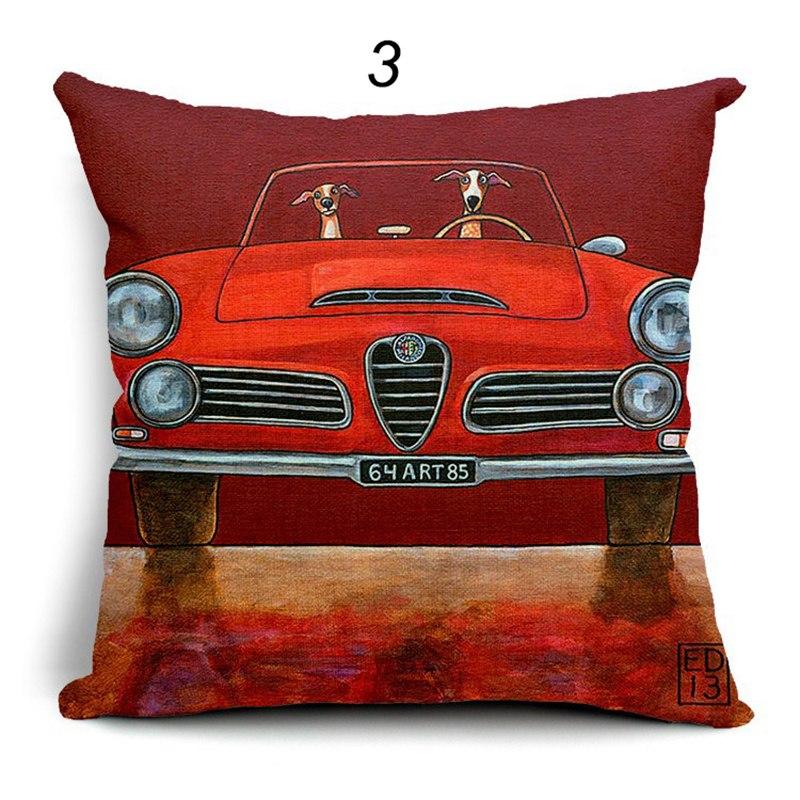 Pillow Lovely Cartoon Dog Driving Car Vintage Almofadas 45X45CM Linen Pillow Decorative Linen Cushion Cover Shello Creative Boutique