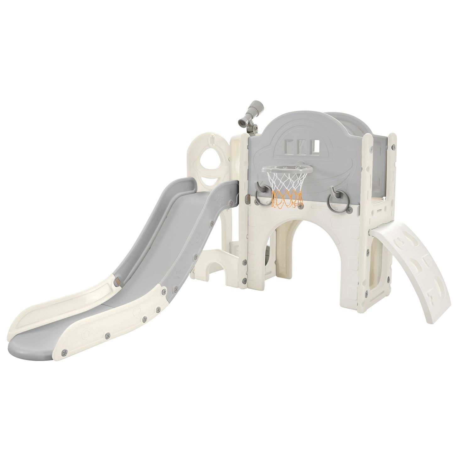 Kids Slide Playset Structure 7 in 1, Freestanding Spaceship Set with Slide, Arch Tunnel Grey+White + HDPE eprolo