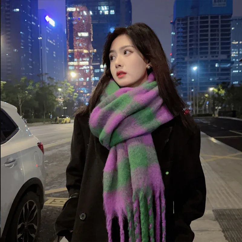 Women Plaid Scarf Winter Pashmina Shawls Cashmere Thick Wraps Lady Tassel Warm Scarves Rainbow - Shello's Creative Boutique