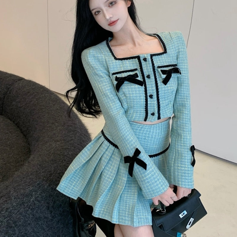 High Quality Fall Fashion Sweet Tweed 2 Piece Set Women Short Jacket Coat Crop Top + Skirts Sets Small Fragrance Two Piece Suits eprolo