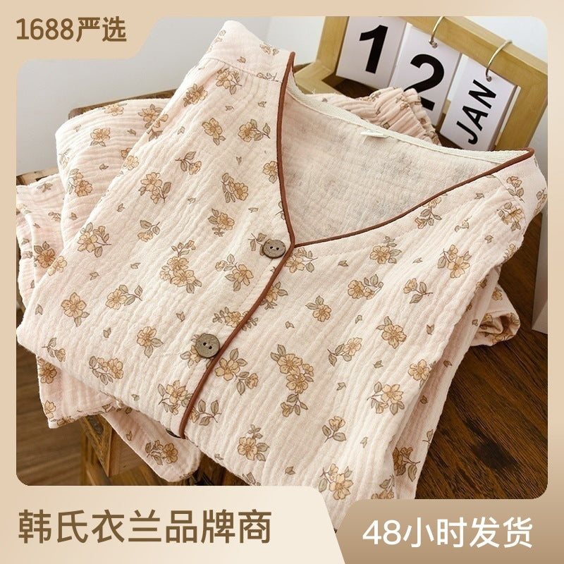 New crepe pajamas spring and summer pure cotton gauze home wear retro small flower long sleeved pants set cardigan style eprolo