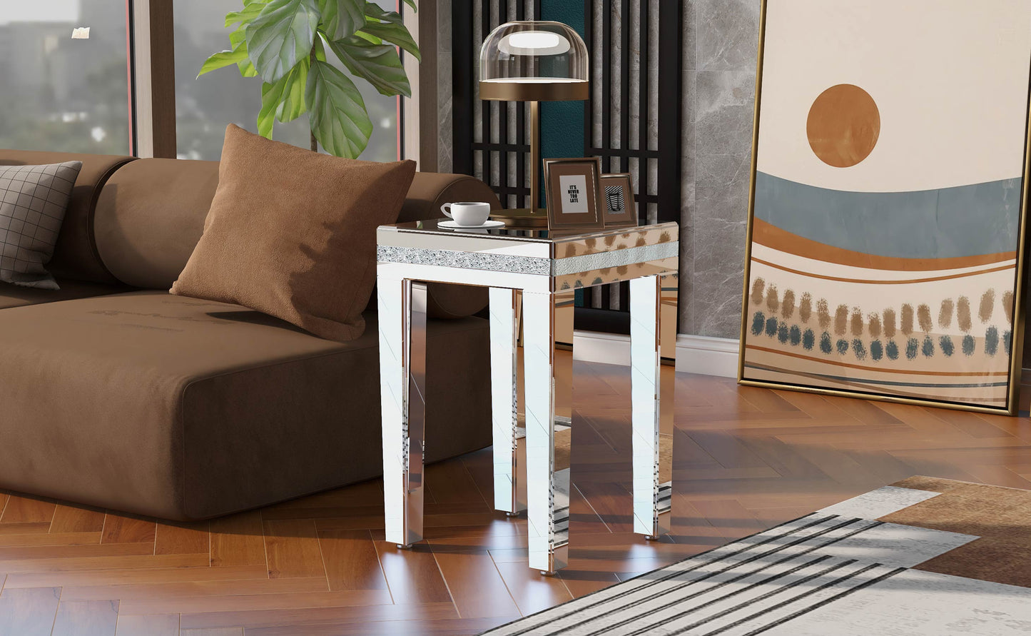 ON-TRANS glass mirror edge table, easy to assemble crystal design and adjustable height leg edge table, silver eprolo
