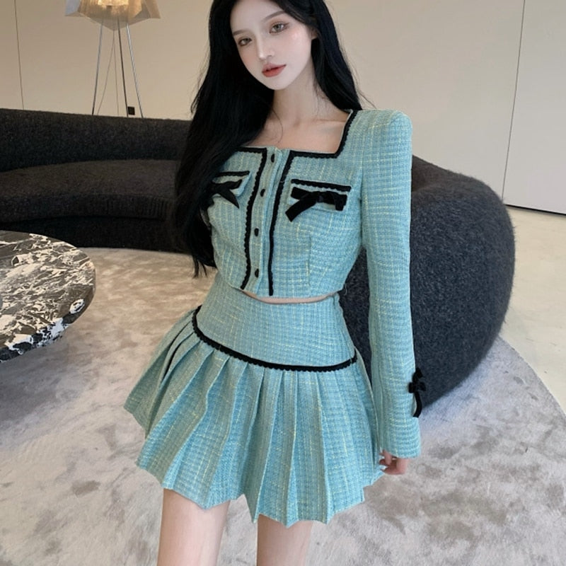 High Quality Fall Fashion Sweet Tweed 2 Piece Set Women Short Jacket Coat Crop Top + Skirts Sets Small Fragrance Two Piece Suits eprolo