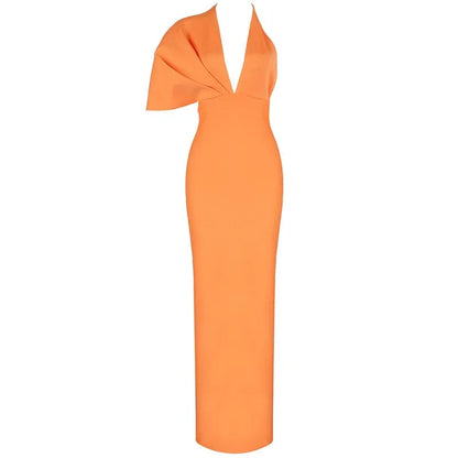 Orange V Neck Maxi Bandage Dress - Designer Evening Party Dress - Shello's Creative Boutique
