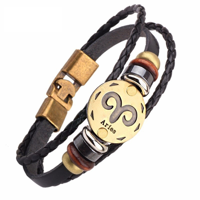 12 Horoscope Leather Bracelet Men Jewelry Vintage Retro Charm Bracelet Male Jewelry 8.2 eprolo