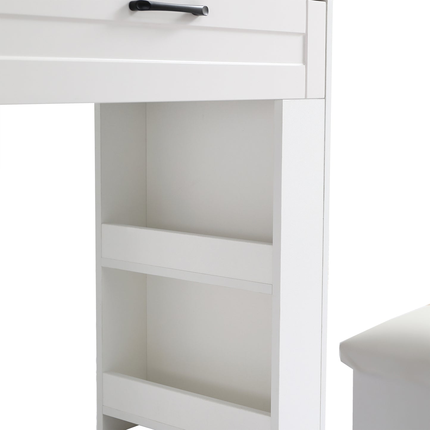 Vanity table with large sliding lighted mirror dressing table with 2 drawers storage shelves and upholstered stool white color eprolo
