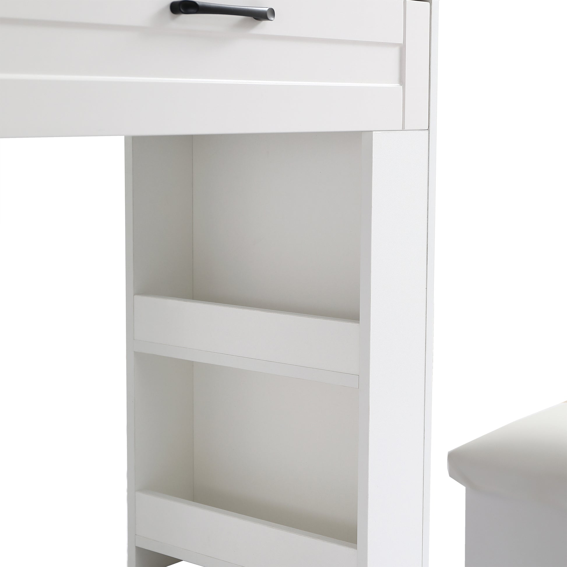 Vanity table with large sliding lighted mirror dressing table with 2 drawers storage shelves and upholstered stool white color eprolo