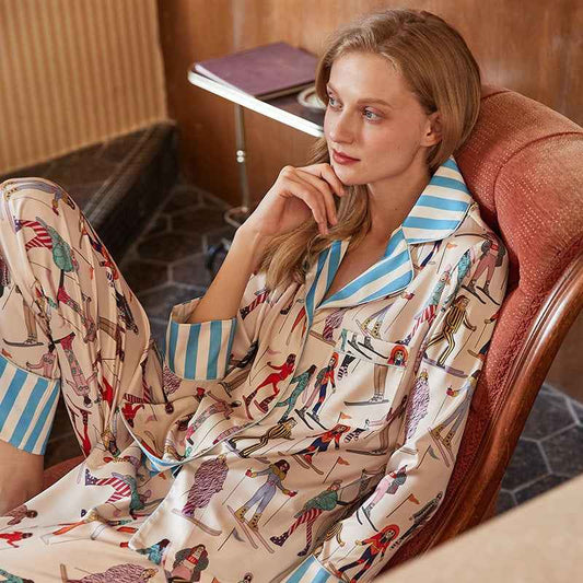 Ice silk pajamas women high end ins style lapel spring and autumn long sleeved home wear set