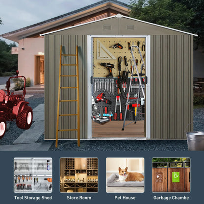 8ft x 6ft Outdoor Metal Storage Shed with Window Grey(W540S00016) - Shello's Creative Boutique