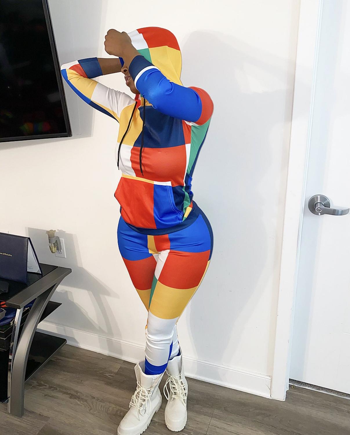 ADFVAT Colorful Plaid Print Two Piece Tracksuit Women Long Sleeve Hooded Top And Fitness Long Pant Casual Sporty Sets ALS165 eprolo
