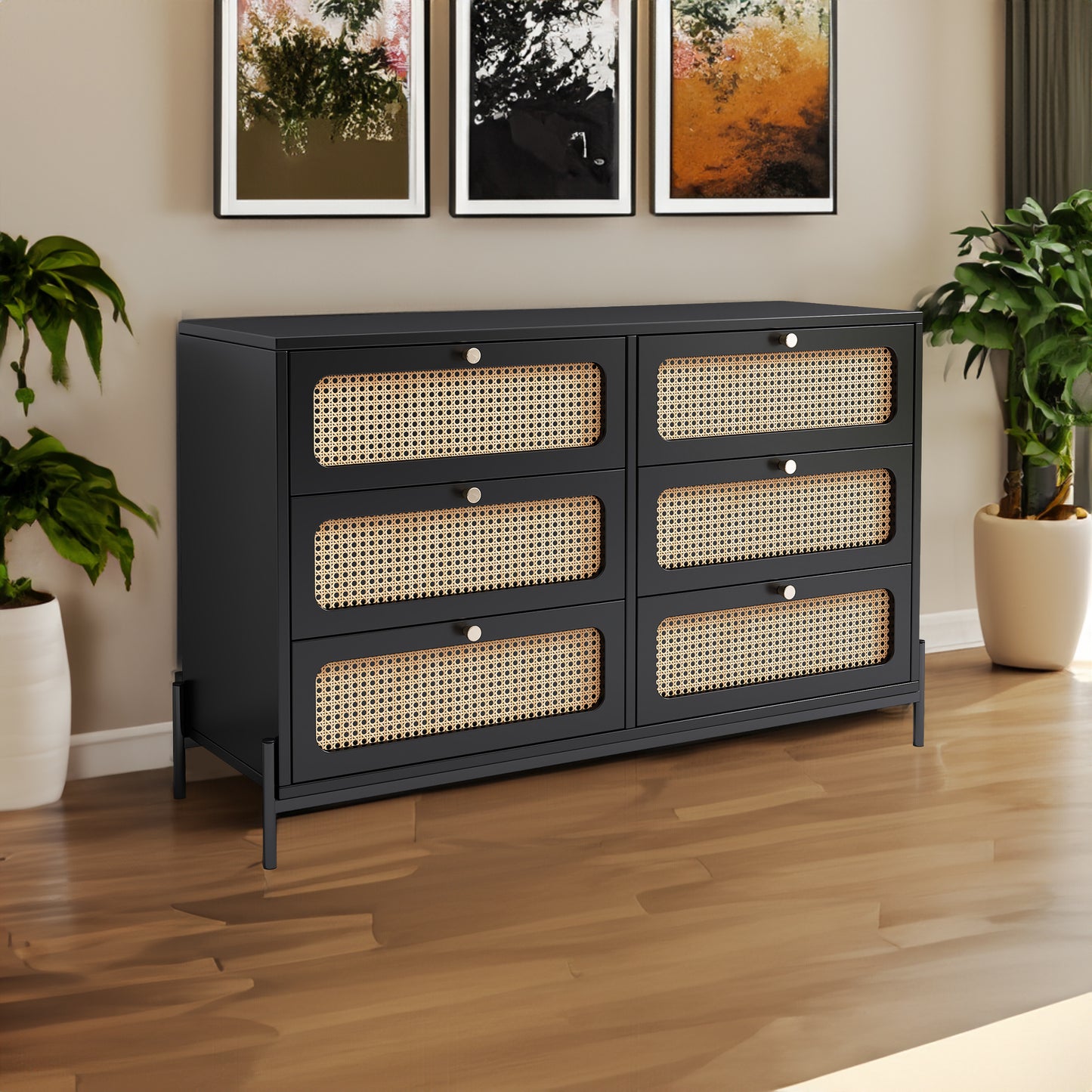 Modern hemp vine wood closet with 6 drawers, dressing table, wooden storage cabinet side panel, black eprolo