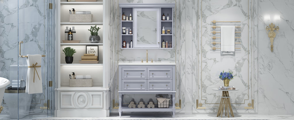 36'' Bathroom Vanity with Medicine Cabinet, Modern Mirror Cabinet with Adjustable Shelf, Bathroom Storage Cabinet with 4 Drawers eprolo