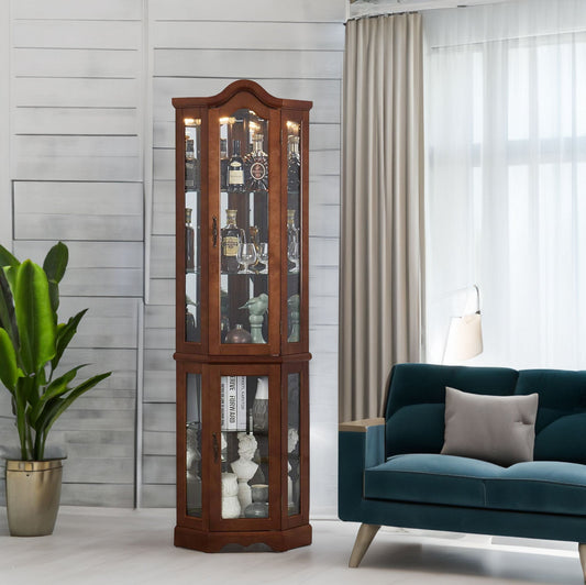 Corner Curio cabinet, adjustable tempered glass frame, rearview mirror, display cabinet, walnut wood (excluding E26 bulbs) eprolo