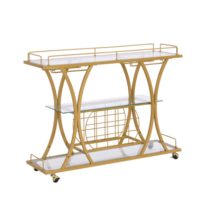 Golden Bar Cart with Wine Rack Tempered Glass Metal Frame Wine Storage - Shello's Creative Boutique