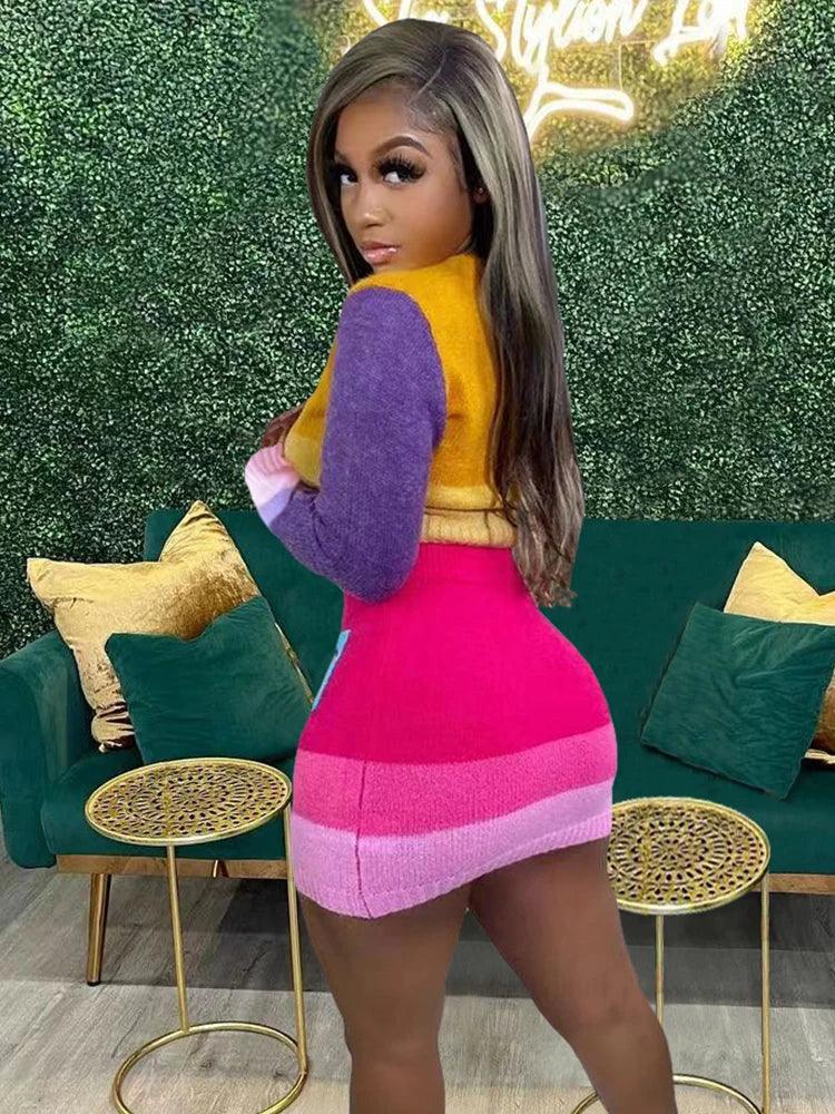 Knit Elastic Women 2 Piece Set Skinny Colorful Button Sweater+Pocket Skirts Casual Streetwear Matching Autumn Suits - Shello's Creative Boutique