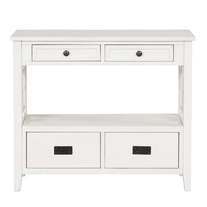 36'' Farmhouse Pine Wood Console Table Entry Sofa Table with 4 Drawers & 1 Storage Shelf (Antique White) - Shello's Creative Boutique