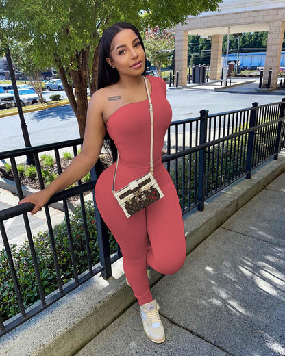 Women Spring Solid Color Long Sleeve One Shoulder Two Piece Set Solid Color Suit eprolo