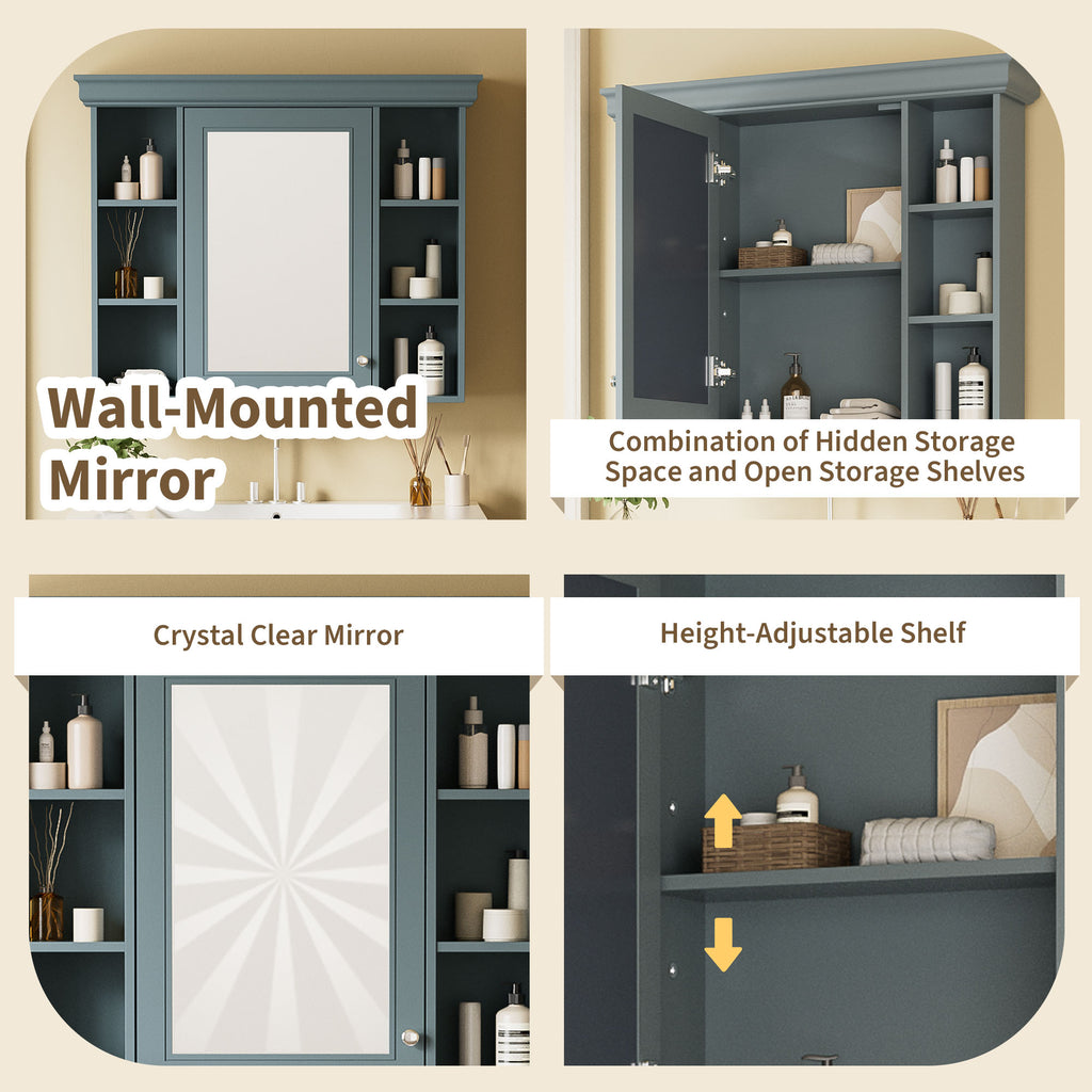 35 ''x 28' 'blue wall mounted bathroom storage cabinet with mirror door and medication cabinet with 6 open shelves eprolo
