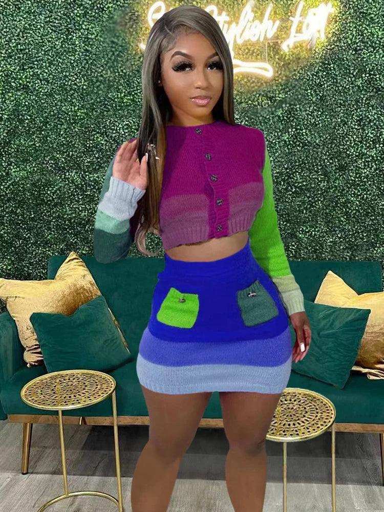 Knit Elastic Women 2 Piece Set Skinny Colorful Button Sweater+Pocket Skirts Casual Streetwear Matching Autumn Suits - Shello's Creative Boutique