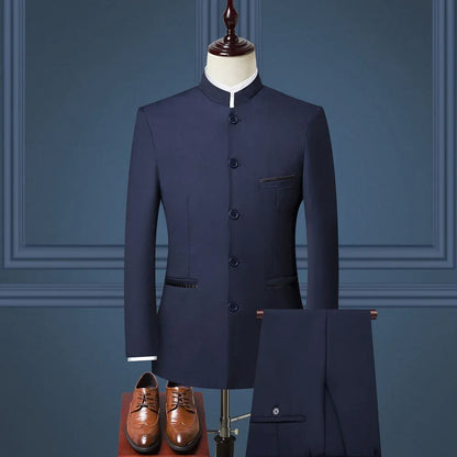 Mens Suits Set (Jacket+Pants+Vest) Stand Collar Chinese Style Slim Fit Suits 3 Piece Wedding Men Clothing - Shello's Creative Boutique