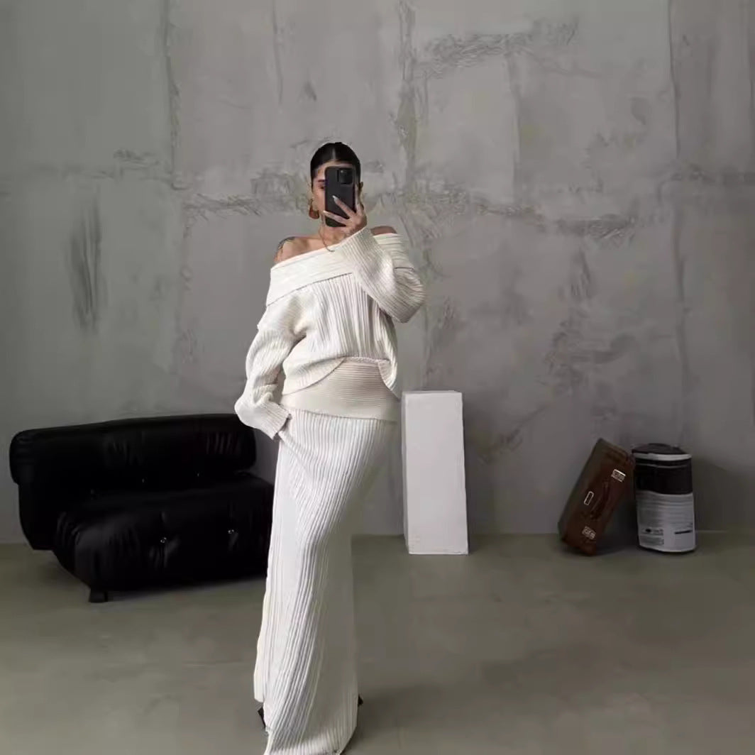 Winter Knitted Two Piece Set for Women Elegant Off Shoulder Sweater Pullover Top Slim Skirt Suit Fashion Office Ladies Outfits eprolo