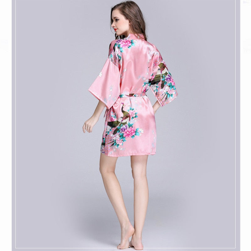Women Faux Silk Robe Satin Wedding Bride Robe Large Size Sexy Floral Bathrobe Short Nightwear Women Pajamas Kimono eprolo