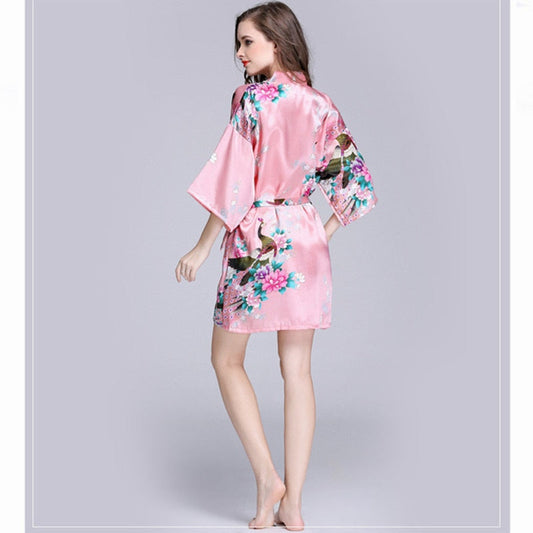 Women Faux Silk Robe Satin Wedding Bride Robe Large Size Sexy Floral Bathrobe Short Nightwear Women Pajamas Kimono eprolo