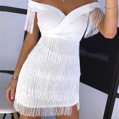 White Off Shoulder Tassel Mini Dress - Bodycon Bandage Dress - Shello's Creative Boutique