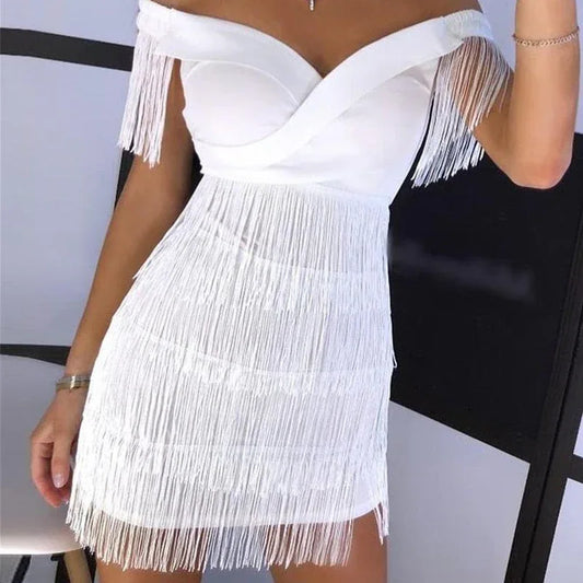 White Off Shoulder Tassel Mini Dress - Bodycon Bandage Dress - Shello's Creative Boutique