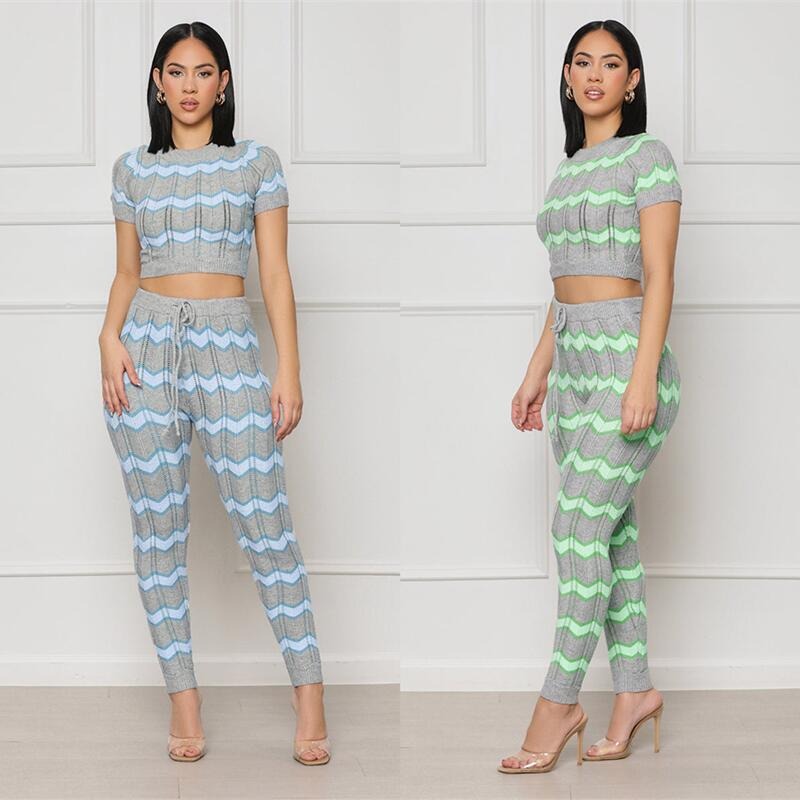 Women's Spring Color Matching Woolen Suit Wave Pattern Tight Knit Two-Piece Set eprolo