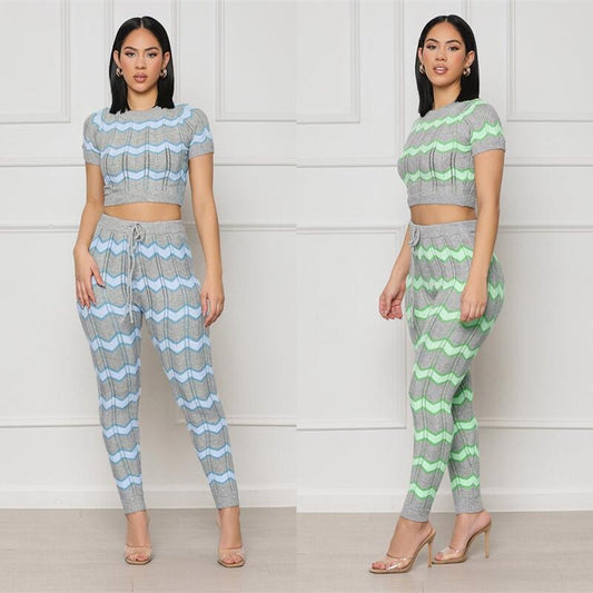 Women's Spring Color Matching Woolen Suit Wave Pattern Tight Knit Two-Piece Set eprolo