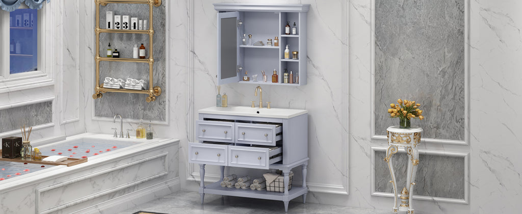 36'' Bathroom Vanity with Medicine Cabinet, Modern Mirror Cabinet with Adjustable Shelf, Bathroom Storage Cabinet with 4 Drawers eprolo