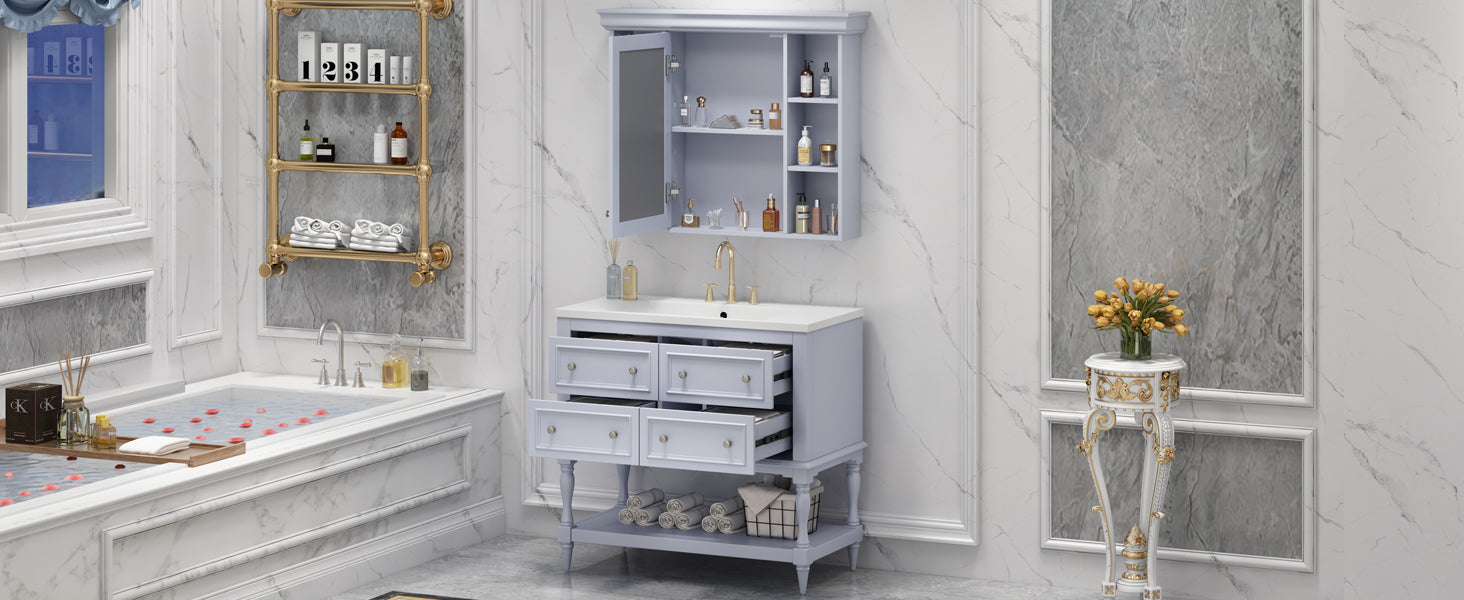 36'' Bathroom Vanity with Medicine Cabinet, Modern Mirror Cabinet with Adjustable Shelf, Bathroom Storage Cabinet with 4 Drawers eprolo