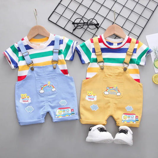 Children's Clothing Boys Striped Short Sleeve Printed Straps Two-Piece Fashion Cute Boy Summer Thin Section - Shello's Creative Boutique
