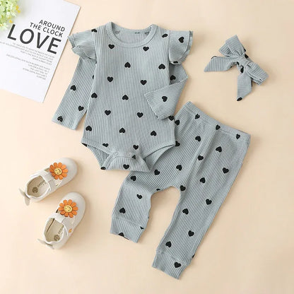Autumn Korean Girl Casual Hang Striped Multicolor Long Sleeve Romper Love Print Three-piece Set - Shello's Creative Boutique