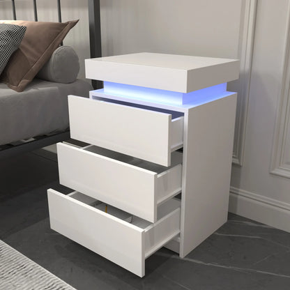 LED White Nightstand With 3 Drawers – Modern Multi-Colour LED Night Table - Shello's Creative Boutique