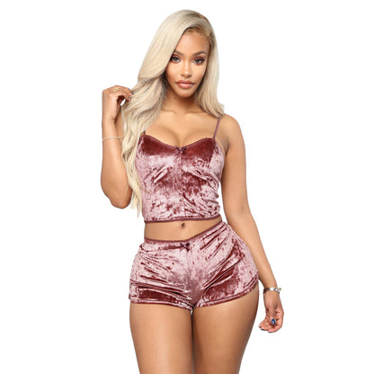 Velvet Tracksuit Sexy V Neck Spaghetti Straps Crop Top + Shorts Fashion Night Club Suits Two Piece Set Outfits eprolo