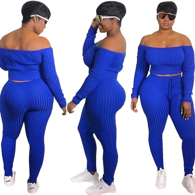 Two Piece Set Autumn Outfits Tracksuit Women Blue Ribbed Striped Slash Neck Short Tops Pencil  Pants eprolo