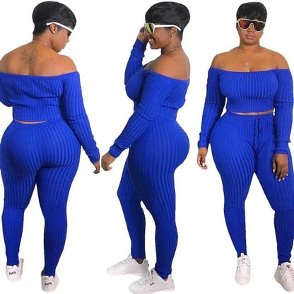 Two Piece Set Autumn Outfits Tracksuit Women Blue Ribbed Striped Slash Neck Short Tops Pencil Pants - Shello's Creative Boutique