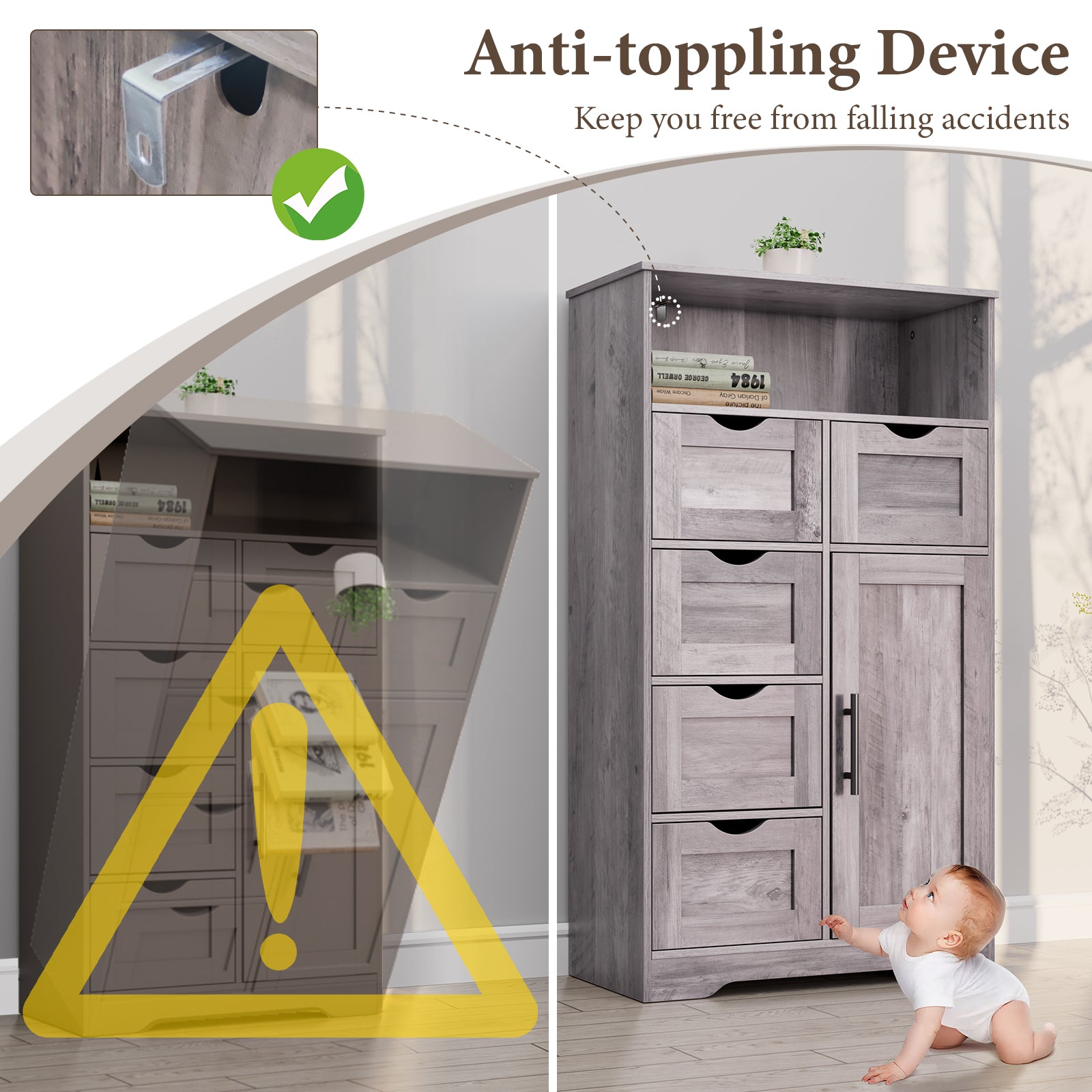 5 Drawers Storage Cabinet with Adjustable Shelves, Bathroom Cabinet with Doors, Floor Cabinet for Living Room Grey eprolo