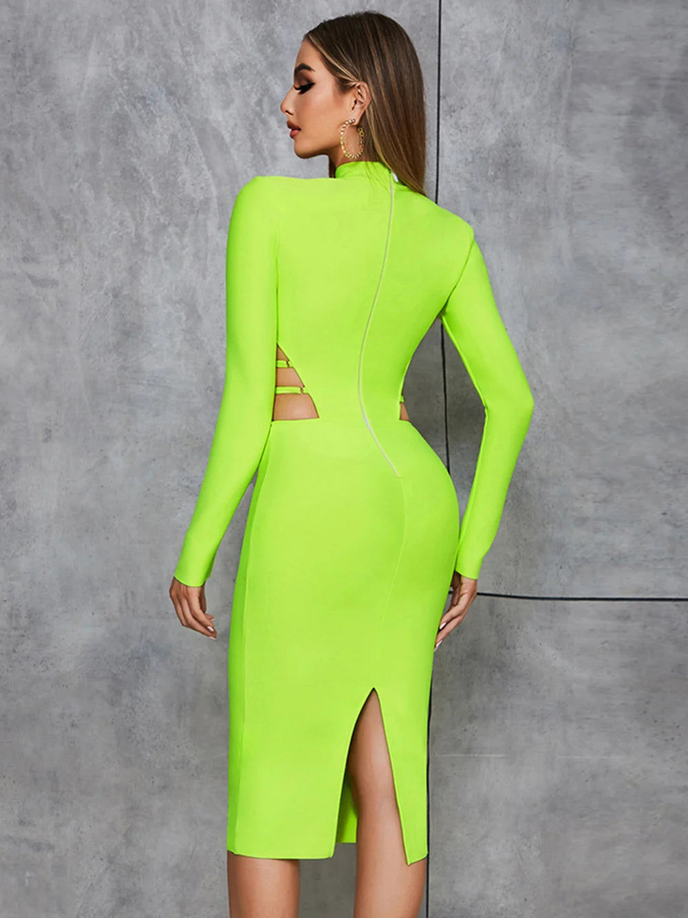 New Fluorescent Green Sexy Hollow Out Bodycon Design  Bandage Dress Women'S Long Sleeve Fashion Club Party Vesidos eprolo
