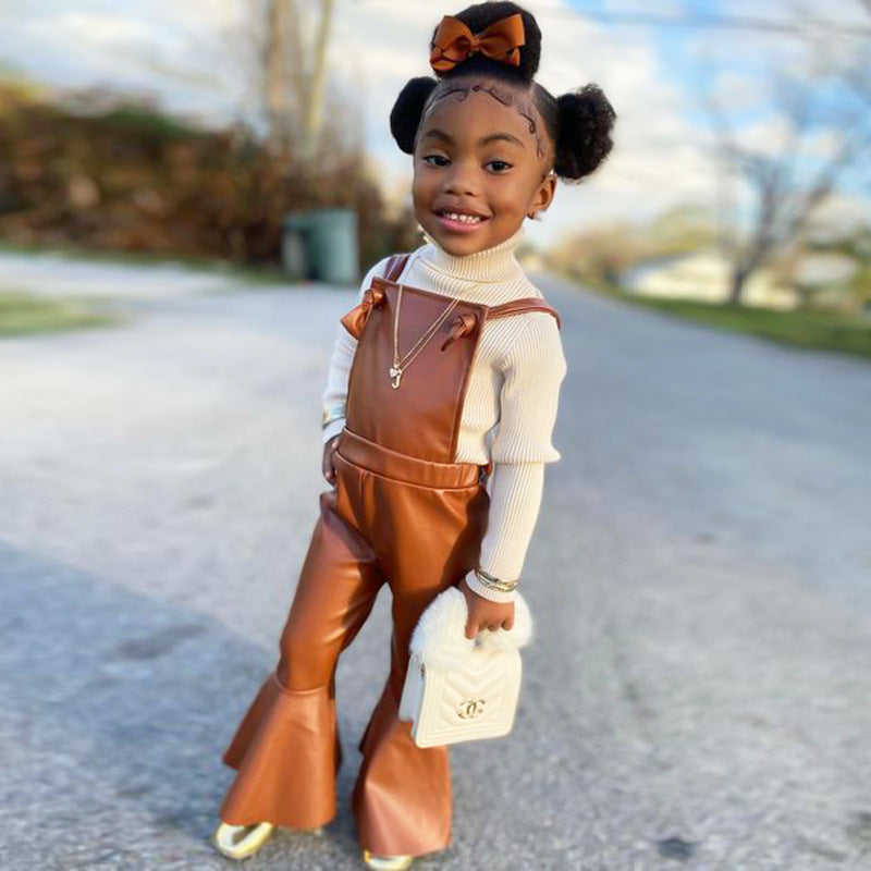Children's Wear New Ins Style Children's Wear Girls' Suspenders Imitation Leather Pants Bow Bell Bottoms eprolo