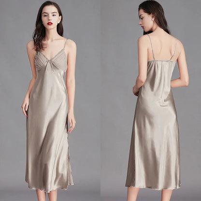 Ice Silk Long Nightdress - Spaghetti Strap Summer Sleepwear - Shello's Creative Boutique