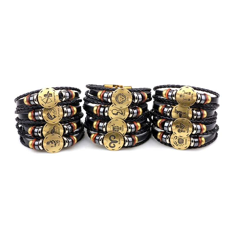 12 Horoscope Leather Bracelet Men Jewelry Vintage Retro Charm Bracelet Male Jewelry 8.2 eprolo