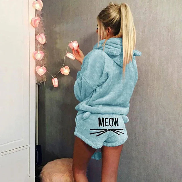 Women Pajama Sets Winter Warm Pyjamas Ladies Homewear Sleepwear Cartoon Cat Embroidery Female Nightgown Suit - Shello's Creative Boutique