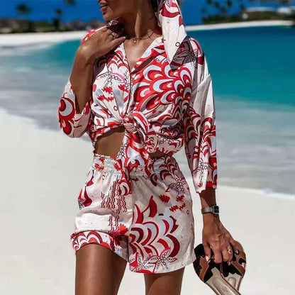 Red Print 3-Piece Set - Long Sleeve Blouse & Mini Shorts Y2K - Shello's Creative Boutique
